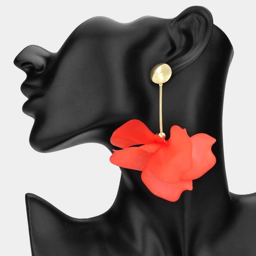 Red Floral Petal Link Dangle Earrings 3.25 Inch Tear Drop Statement Jewelry